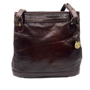 Brahmin Vintage Brown Leather Shoulder Bag Brass Hang Tag Dual Compartments